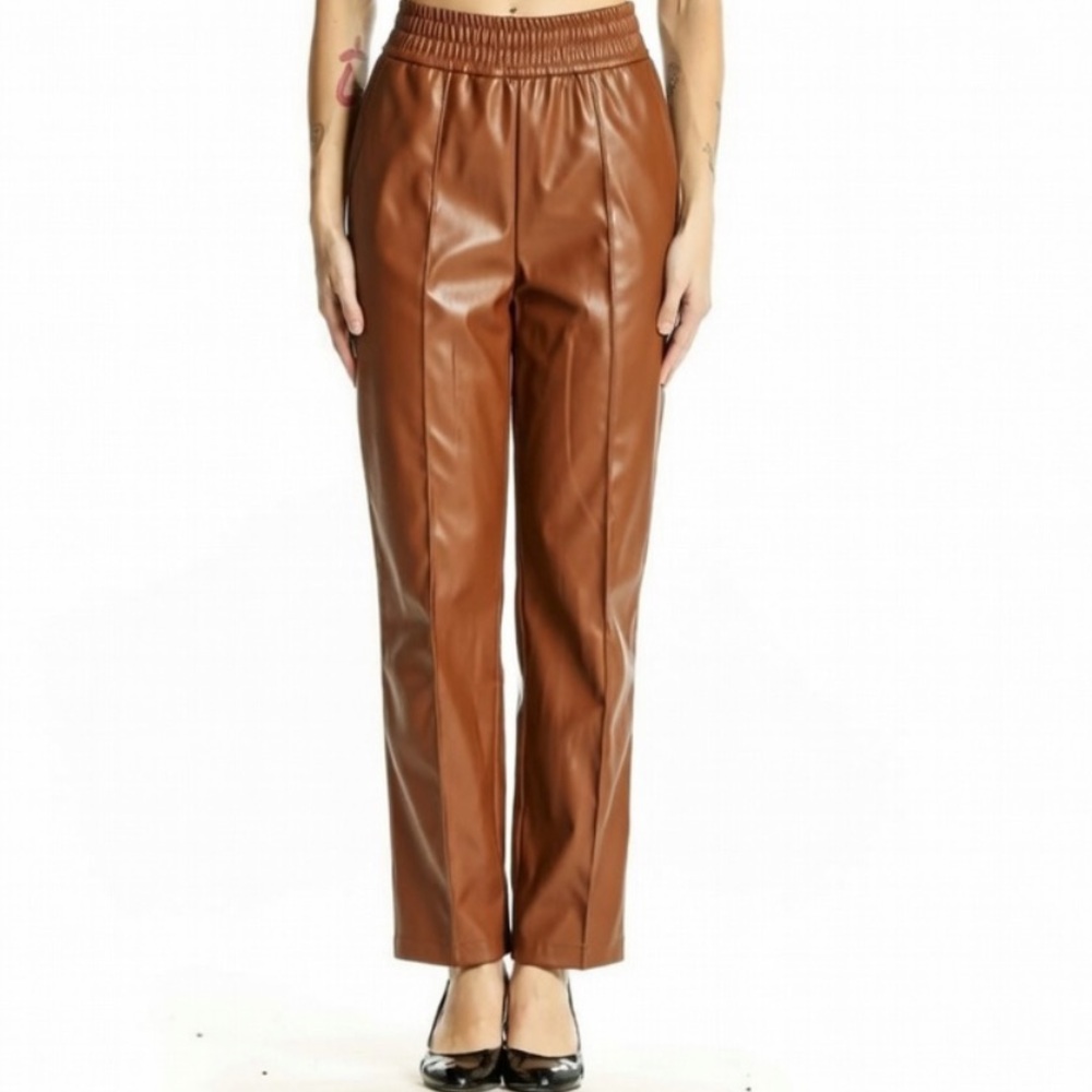 Maison D’Amelie Faux Leather Cognac Straight Leg Trousers